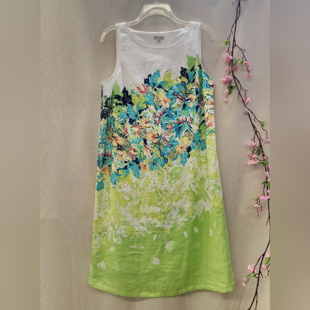 J.Jill L Love Linen Sheath Dress Floral Coastal Classic Blue Green Hibiscus